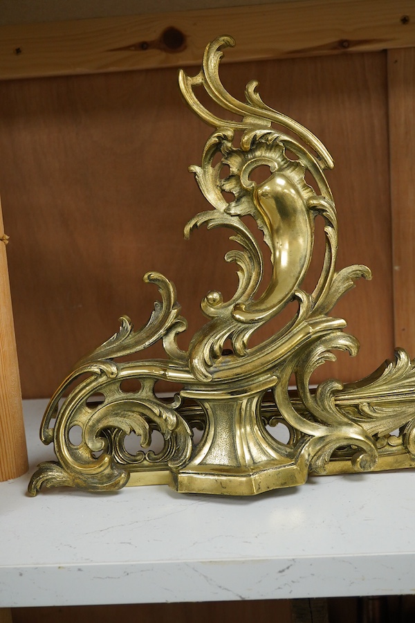 A 19th century French ormolu three piece chenet, Andiron, 73cm x 30cm high. Condition - good